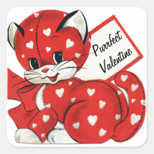 Vintage Valentine Red Cat White Hearts Retro Love Square Sticker