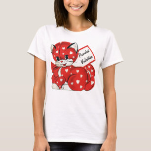 Vintage Valentine Red Cat White Hearts Retro Love T-Shirt