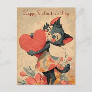 Vintage Valentine`s Day Cat With Heart Postcard