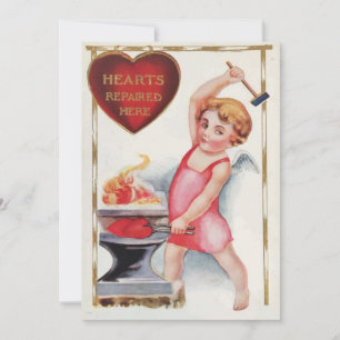 Vintage Valentine’s Day Hearts Repaired Here Angel Holiday Card