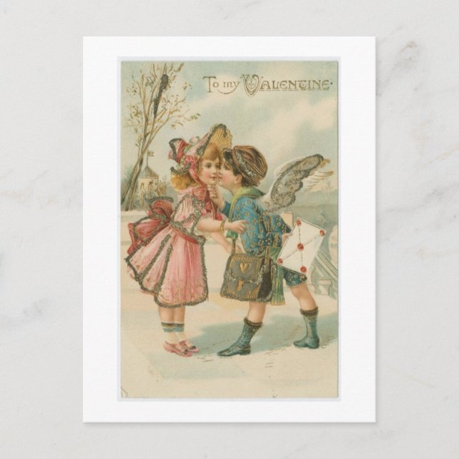 vintage valentine two kids kissing holiday postcard (Front)