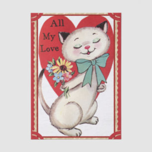 Vintage Valentine White Cat with Colourful Flowers Tissue Paper