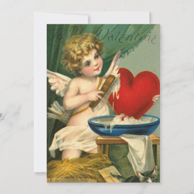 Vintage Valentines Cherub Washing Heart Holiday Card (Front)