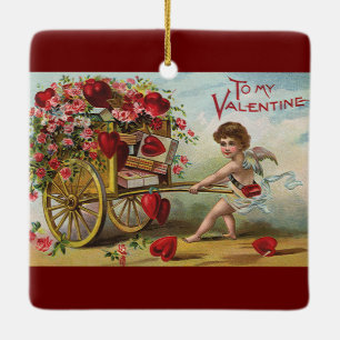 Vintage Valentines Day Angel, Cart of Love Hearts Ceramic Tree Decoration