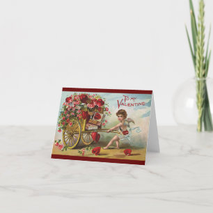 Vintage Valentines Day Angel, Cart of Love Hearts Holiday Card