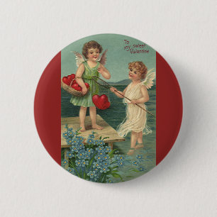 Vintage Valentine's Day, Angels Fishing for Hearts 6 Cm Round Badge