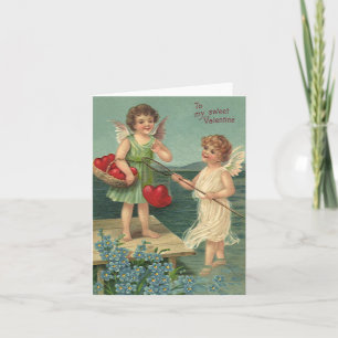 Vintage Valentine's Day, Angels Fishing for Hearts Holiday Card