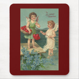 Vintage Valentine's Day, Angels Fishing for Hearts Mouse Pad