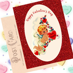 Vintage Valentine's Day Card Red Cupid Glitter 