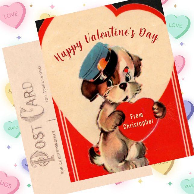 Vintage Valentine's Day Card Red Dog Hearts (Creator Uploaded)