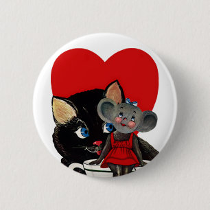 Vintage Valentine's Day, Cat Mouse Tea Cup Heart 6 Cm Round Badge