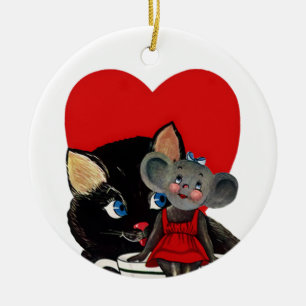 Vintage Valentine's Day, Cat Mouse Tea Cup Heart Ceramic Tree Decoration