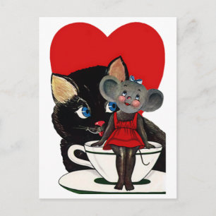 Vintage Valentine's Day, Cat Mouse Tea Cup Heart Holiday Postcard