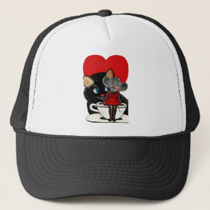 Vintage Valentine's Day, Cat Mouse Tea Cup Heart Trucker Hat