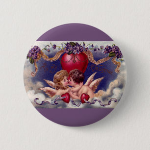 Vintage Valentine's Day, Cherubs Hug in Clouds 6 Cm Round Badge