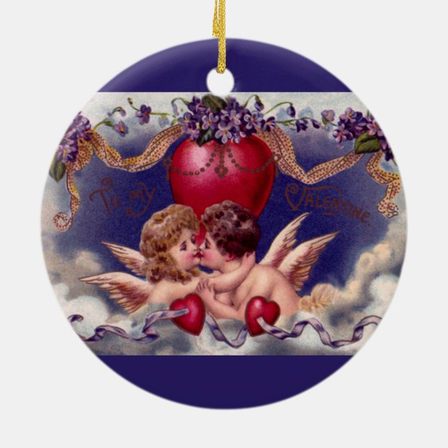 Vintage Valentine's Day, Cherubs Hug in Clouds Ceramic Tree Decoration (Back)