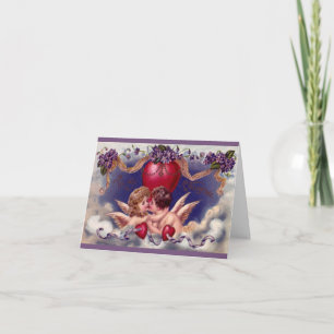 Vintage Valentine's Day, Cherubs Hug in Clouds Holiday Card