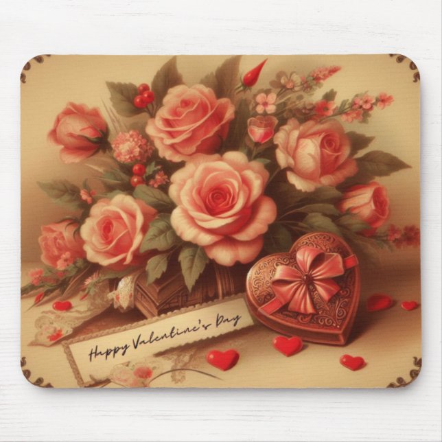 Vintage Valentine's Day Chocolates and Flowers Mouse Pad (Front)