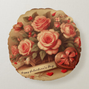 Vintage Valentine's Day Chocolates and Flowers Round Cushion