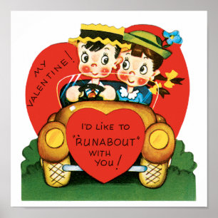 Vintage Valentine's Day, Cute Boy and Girl in Car Poster