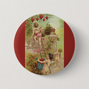 Vintage Valentine's Day, Cute Cherubs Climb Ladder 6 Cm Round Badge