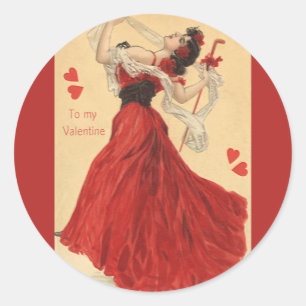 Vintage Valentine's Day, Dancing Lady Red Hearts Classic Round Sticker