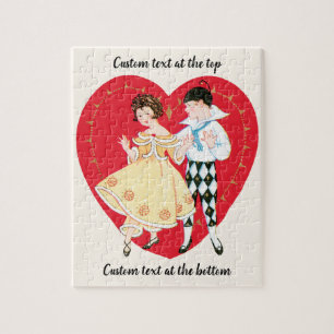 Vintage Valentine's Day, Girl, Harlequin and Heart Jigsaw Puzzle