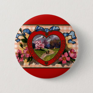 Vintage Valentines Day Greetings Heart and Flowers 6 Cm Round Badge