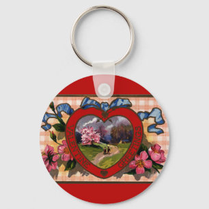 Vintage Valentines Day Greetings Heart and Flowers Key Ring