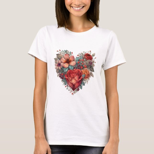 Vintage Valentines Day Heart and Flowers T-Shirt (Front)