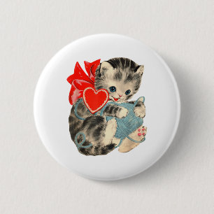 Vintage Valentines Day Kitty Cat Yarn Cute Retro V 6 Cm Round Badge