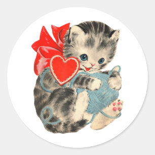 Vintage Valentines Day Kitty Cat Yarn Cute Retro V Classic Round Sticker