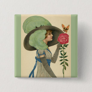 Vintage Valentine's Day, Lady Red Rose Butterfly 15 Cm Square Badge