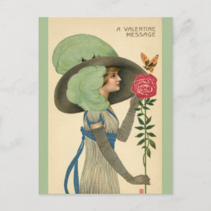 Vintage Valentine's Day, Lady Red Rose Butterfly Holiday Postcard