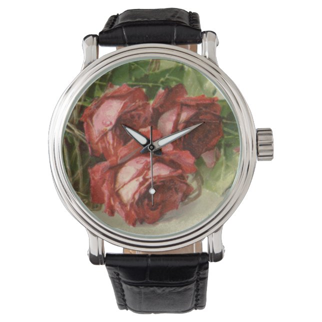 Vintage Valentine's Day Love, Crimson Red Roses Watch (Front)
