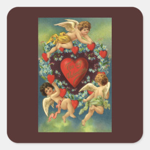Vintage Valentine's Day, Victorian Angels Hearts Square Sticker