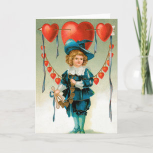 Vintage Valentines Day, Victorian Boy with Hearts Holiday Card