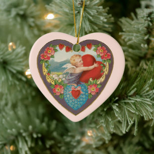 Vintage Valentine's Day, Victorian Cherub Hearts Ceramic Tree Decoration