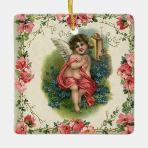 Vintage Valentine's Day Victorian Cherub on Phone Ceramic Tree Decoration