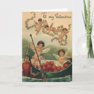 Vintage Valentine's Day, Victorian Cherubs in Boat Holiday Card