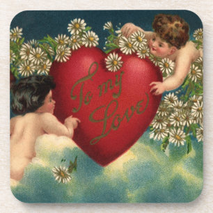 Vintage Valentines Day Victorian Cherubs in Heaven Coaster