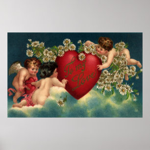 Vintage Valentines Day Victorian Cherubs in Heaven Poster