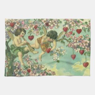 Vintage Valentines Day Victorian Cupids Heart Tree Tea Towel