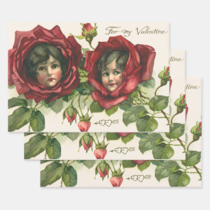 Vintage Valentine's Day, Victorian Faces in Roses Wrapping Paper Sheet