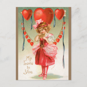 Vintage Valentines Day, Victorian Girl with Hearts Holiday Postcard