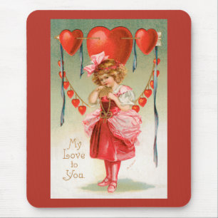 Vintage Valentines Day, Victorian Girl with Hearts Mouse Pad