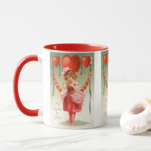 Vintage Valentines Day, Victorian Girl with Hearts Mug