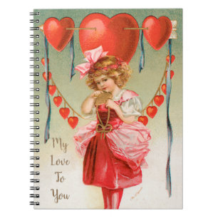 Vintage Valentines Day, Victorian Girl with Hearts Notebook