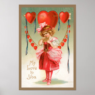 Vintage Valentines Day, Victorian Girl with Hearts Poster