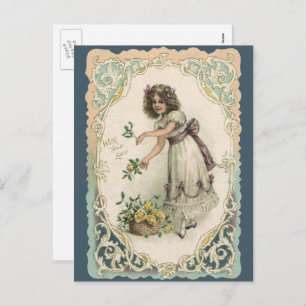 Vintage Valentine's Day, Victorian Girl with Roses Holiday Postcard